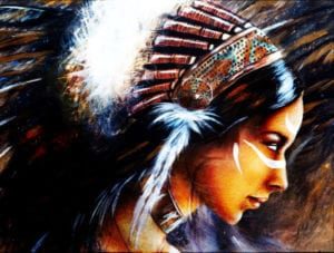 Structured Abstract Background Of Beautiful Mystic Painting Of A Young Indian Woman Wearing A Big Feather Headdress