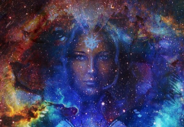 Beautiful painting of a goddess woman with space color background