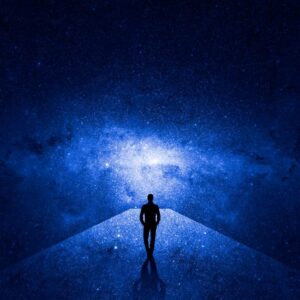 Night View Of Sky With Stars & Moonlight And A Man Is Standing On A Path