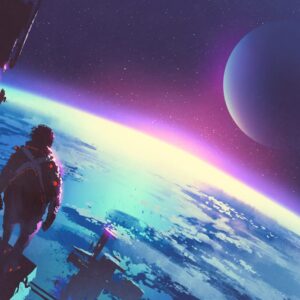 An Astronaut Standing On A Surface Of A Planet look at an awakening planet