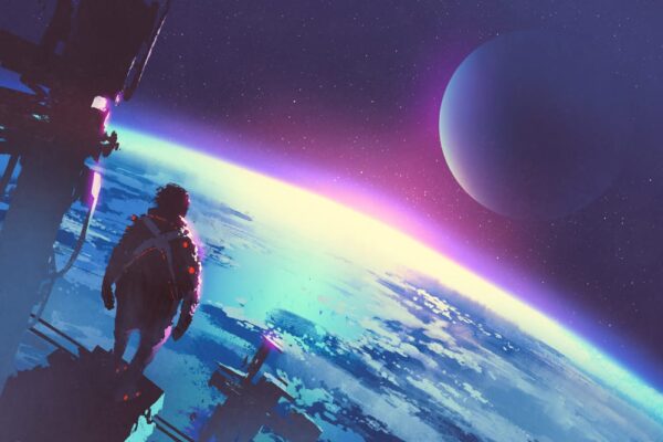 An astronaut standing on a surface of a planet look at an awakening planet