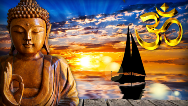 Guru sculpture sitting in sunset with a sailboat in the backbround