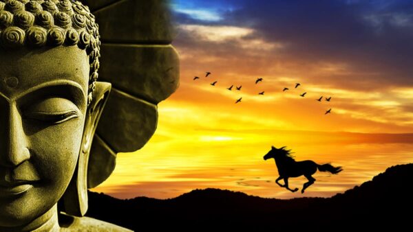 guru head with horse and birds in the backround. Sunset